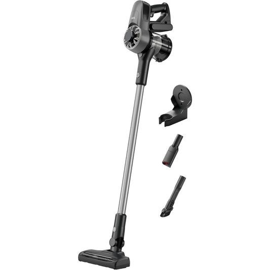 Cet aspirateur balai combine des elements lavables et un format compact